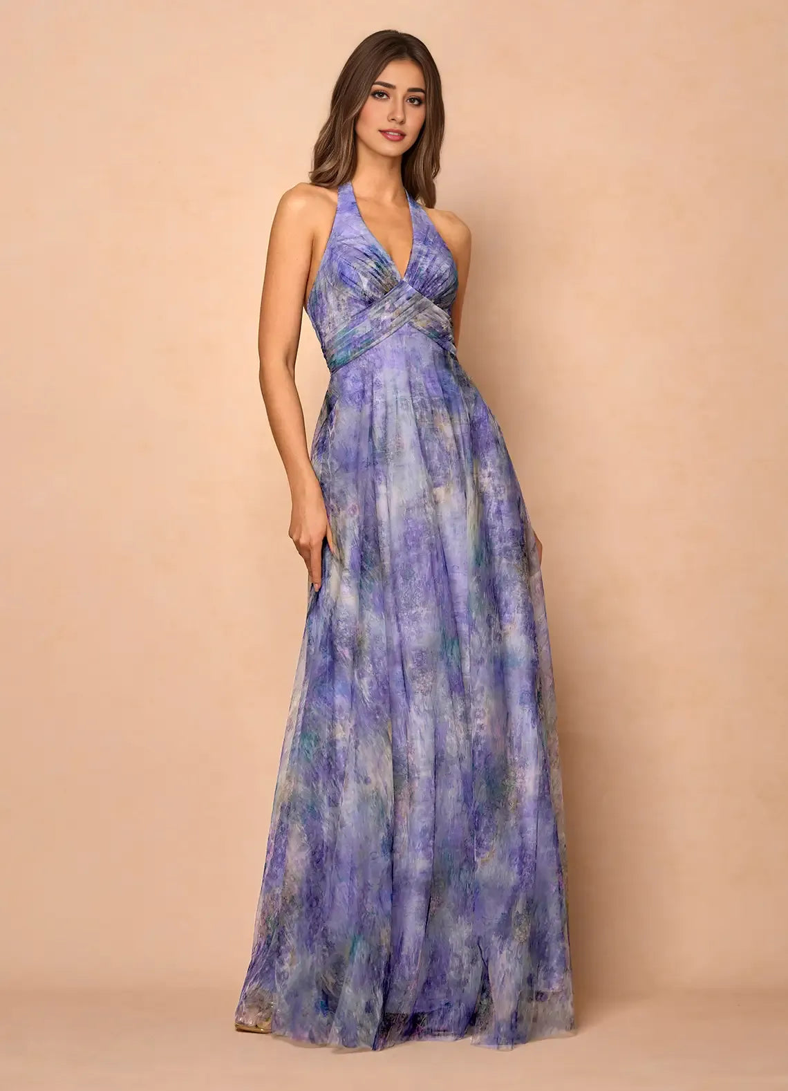 Robe Weitese lilas dos nu col en V élégante robe longue robe de bal sans manches dos nu imprimé fleuri robe de soirée trapèze